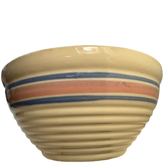 McCoy Ovenware Mixing Bowl Pink Blue Bands Striped Beehive Pottery USA 8" Vtg - Picture 1 of 16